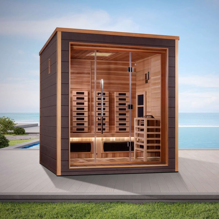 Golden Designs Visby 3-Person Hybrid Outdoor Sauna w/ Full Spectrum Infrared & Harvia Traditional Electric Heater + Red Light Therapy Kit | GDI-8223-01