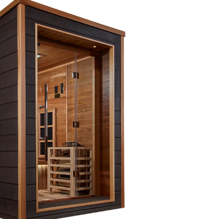 Golden Designs Karlstad 6-Person Hybrid Outdoor Sauna w/ Full Spectrum Infrared & Harvia Traditional Electric Heater + Red Light Therapy Kit | GDI-8226-01