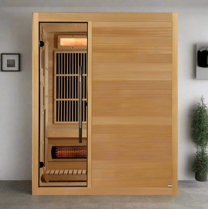 Golden Designs Soria 3-Person Hybrid Indoor Sauna w/ Full Spectrum Infrared & Harvia Traditional Electric Heater + Red Light Therapy Kit | GDI-8330-01