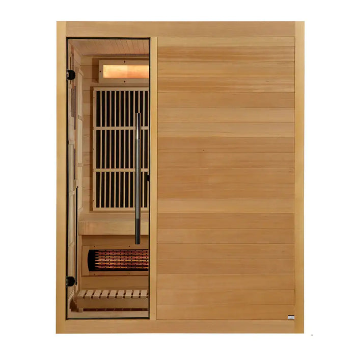 Golden Designs Soria 3-Person Hybrid Indoor Sauna w/ Full Spectrum Infrared & Harvia Traditional Electric Heater + Red Light Therapy Kit | GDI-8330-01