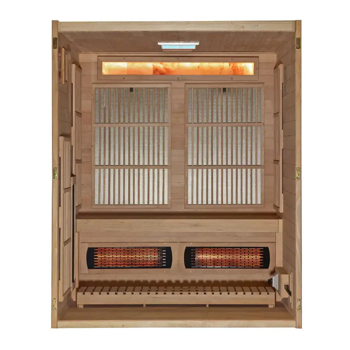 Golden Designs Soria 3-Person Hybrid Indoor Sauna w/ Full Spectrum Infrared & Harvia Traditional Electric Heater + Red Light Therapy Kit | GDI-8330-01