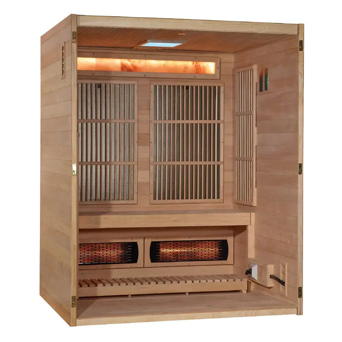 Golden Designs Soria 3-Person Hybrid Indoor Sauna w/ Full Spectrum Infrared & Harvia Traditional Electric Heater + Red Light Therapy Kit | GDI-8330-01