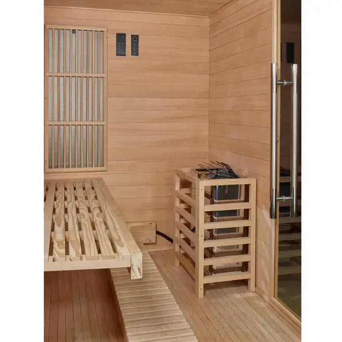 Golden Designs Soria 3-Person Hybrid Indoor Sauna w/ Full Spectrum Infrared & Harvia Traditional Electric Heater + Red Light Therapy Kit | GDI-8330-01