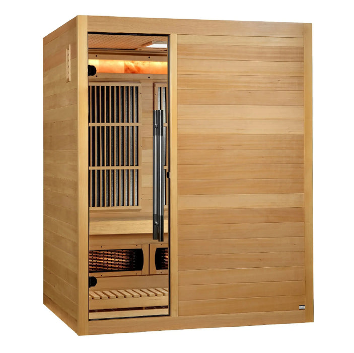 Golden Designs Soria 3-Person Hybrid Indoor Sauna w/ Full Spectrum Infrared & Harvia Traditional Electric Heater + Red Light Therapy Kit | GDI-8330-01
