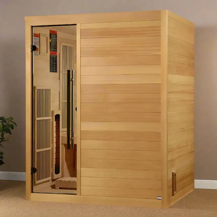Golden Designs Soria 3-Person Hybrid Indoor Sauna w/ Full Spectrum Infrared & Harvia Traditional Electric Heater + Red Light Therapy Kit | GDI-8330-01