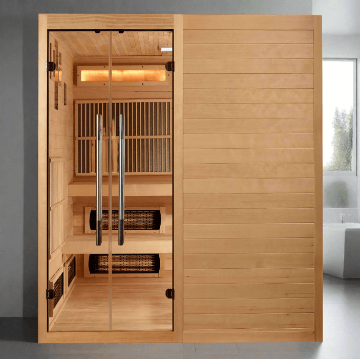 Golden Designs Toledo 6-Person Hybrid Indoor Sauna w/ Full Spectrum Infrared & Harvia Traditional Electric Heater + Red Light Therapy Kit | GDI-8360-01