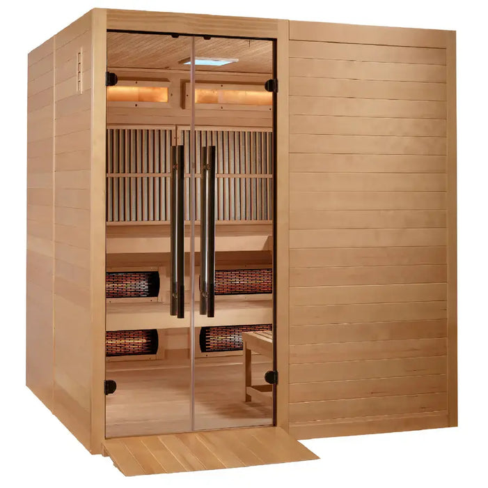 Golden Designs Toledo 6-Person Hybrid Indoor Sauna w/ Full Spectrum Infrared & Harvia Traditional Electric Heater + Red Light Therapy Kit | GDI-8360-01