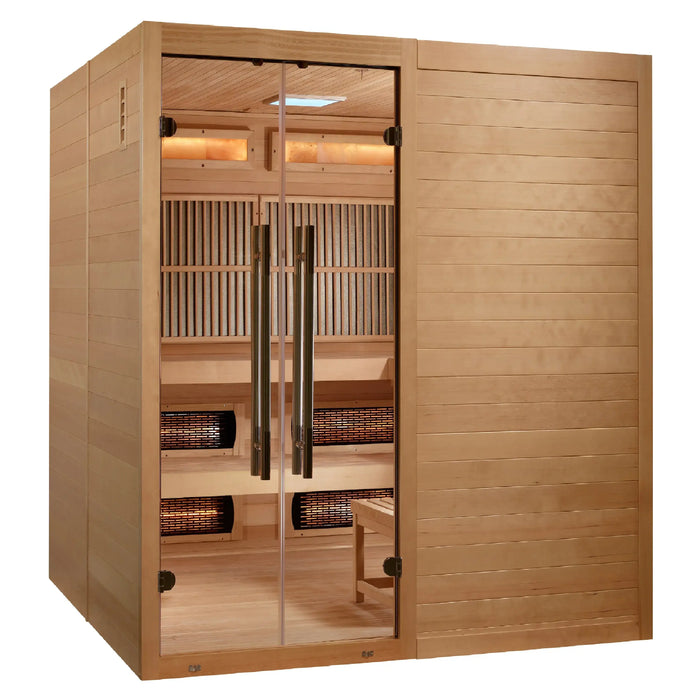 Golden Designs Toledo 6-Person Hybrid Indoor Sauna w/ Full Spectrum Infrared & Harvia Traditional Electric Heater + Red Light Therapy Kit | GDI-8360-01