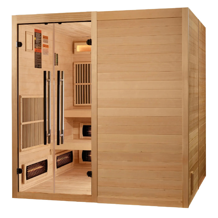 Golden Designs Toledo 6-Person Hybrid Indoor Sauna w/ Full Spectrum Infrared & Harvia Traditional Electric Heater + Red Light Therapy Kit | GDI-8360-01