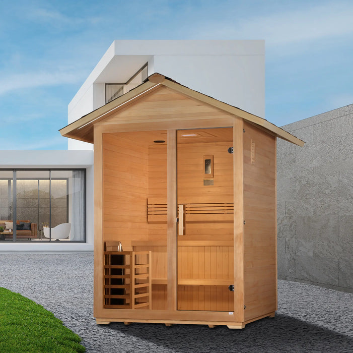 Golden Designs Arlberg 3-Person Outdoor Sauna & Harvia Traditional Electric Heater Kit + Red Light Therapy | GDI-8103-01