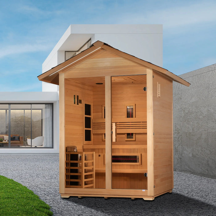 Golden Designs Carinthia 3-Person Hybrid Outdoor Sauna w/ Full Spectrum Indoor Infrared & Harvia Traditional Electric Heater Kit + Red Light Therapy | GDI-8123-01