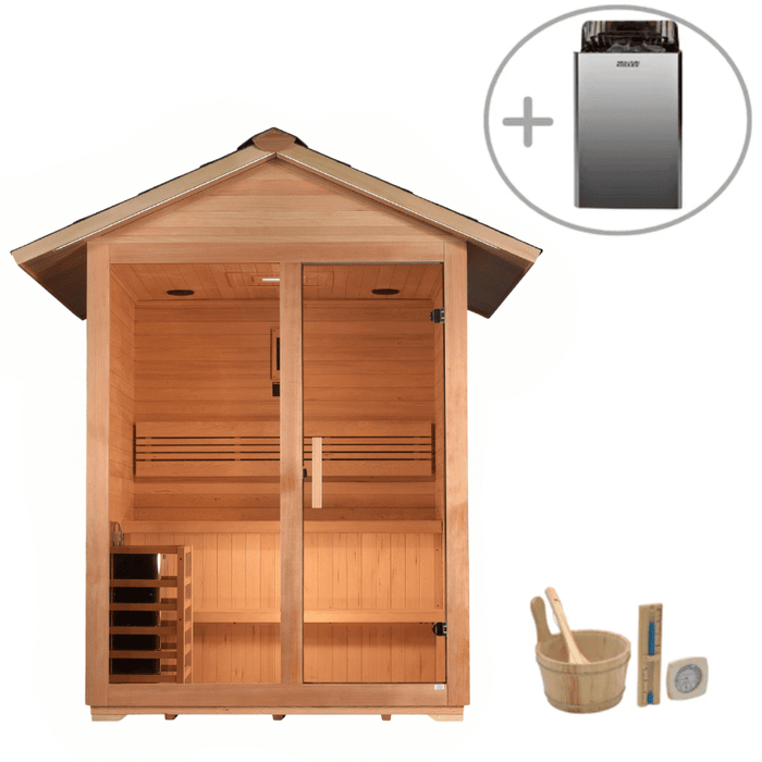 Golden Designs Arlberg 3-Person Outdoor Sauna & Harvia Traditional Electric Heater Kit + Red Light Therapy | GDI-8103-01