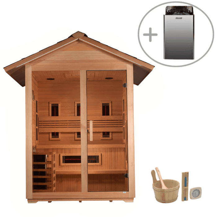 Golden Designs Carinthia 3-Person Hybrid Outdoor Sauna w/ Full Spectrum Indoor Infrared & Harvia Traditional Electric Heater Kit + Red Light Therapy | GDI-8123-01