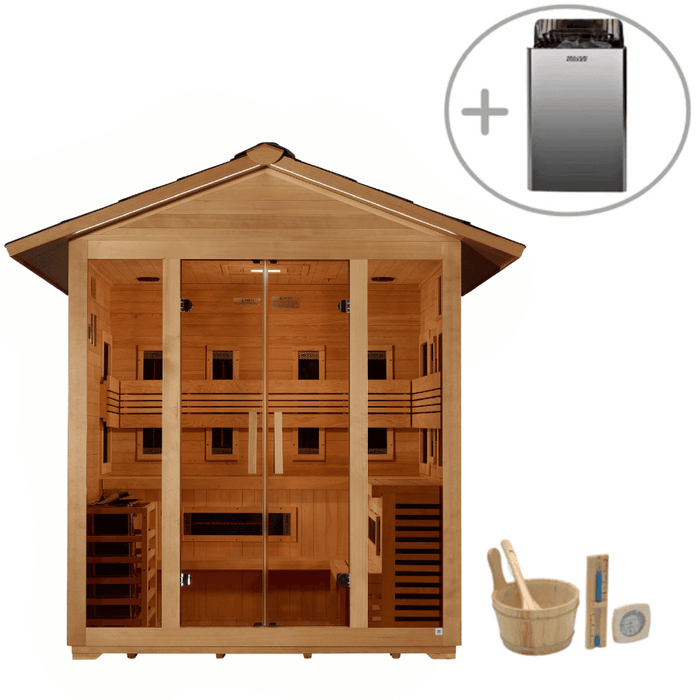 Golden Designs Gargellen 5-Person Hybrid Outdoor Sauna w/ Full Spectrum Infrared & Harvia Traditional Electric Heater Kit + Red Light Therapy | GDI‐8125‐01