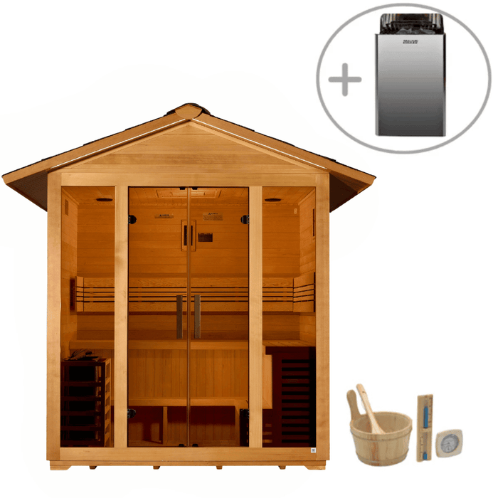 Golden Designs Vorarlberg 5-Person Outdoor Sauna & Harvia Traditional Electric Heater Kit + Red Light Therapy | GDI-8105-01