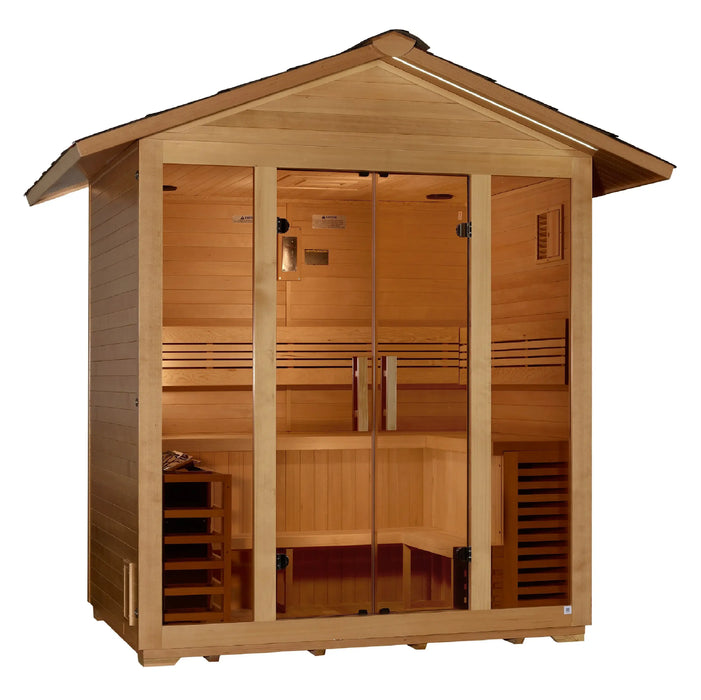 Golden Designs Vorarlberg 5-Person Outdoor Sauna & Harvia Traditional Electric Heater Kit + Red Light Therapy | GDI-8105-01