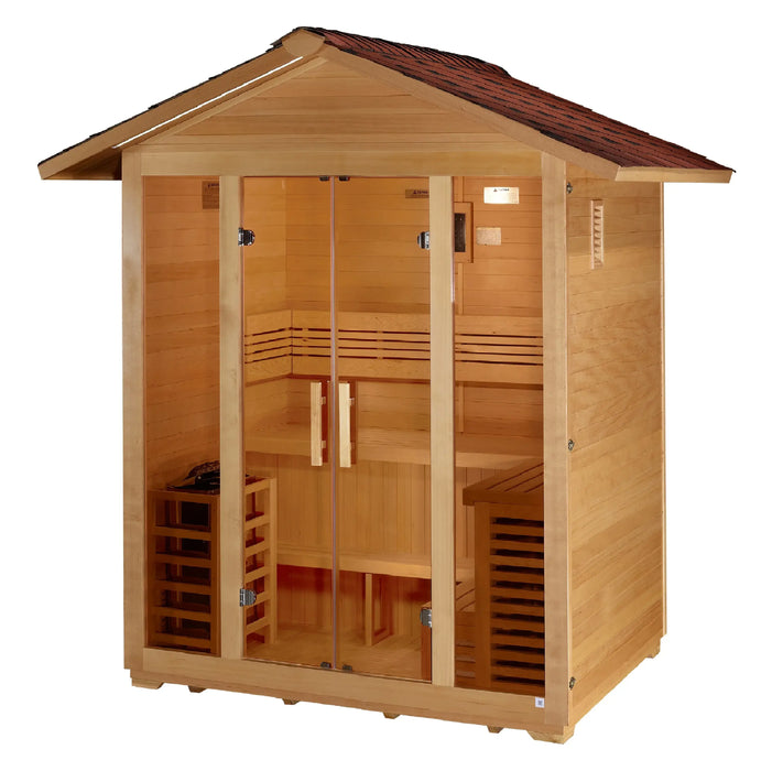 Golden Designs Vorarlberg 5-Person Outdoor Sauna & Harvia Traditional Electric Heater Kit + Red Light Therapy | GDI-8105-01