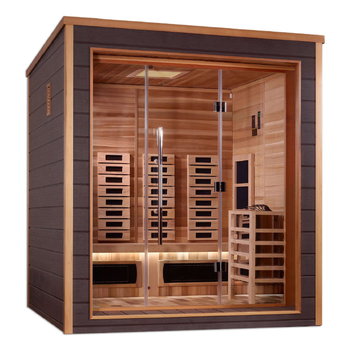 Golden Designs Visby 3-Person Hybrid Outdoor Sauna w/ Full Spectrum Infrared & Harvia Traditional Electric Heater + Red Light Therapy Kit | GDI-8223-01