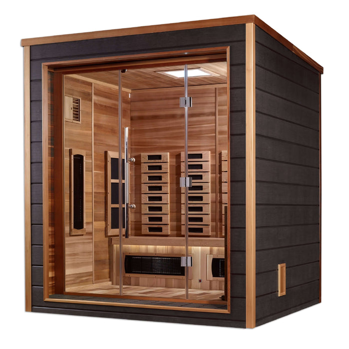 Golden Designs Visby 3-Person Hybrid Outdoor Sauna w/ Full Spectrum Infrared & Harvia Traditional Electric Heater + Red Light Therapy Kit | GDI-8223-01