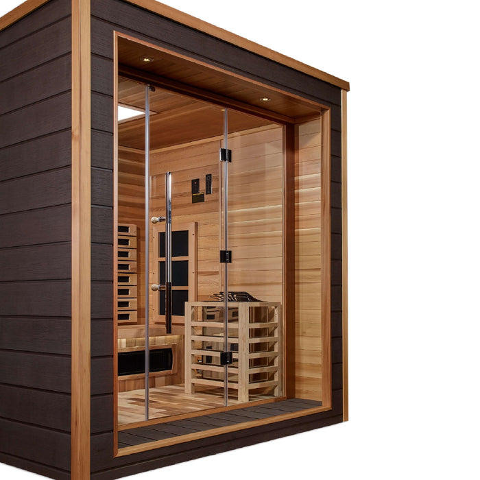 Golden Designs Visby 3-Person Hybrid Outdoor Sauna w/ Full Spectrum Infrared & Harvia Traditional Electric Heater + Red Light Therapy Kit | GDI-8223-01