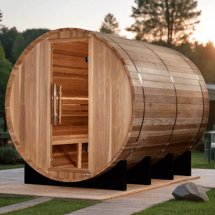 Golden Designs Klosters 6-Person Outdoor Barrel Sauna & Harvia Traditional Electric Heater Kit | GDI-B006-01