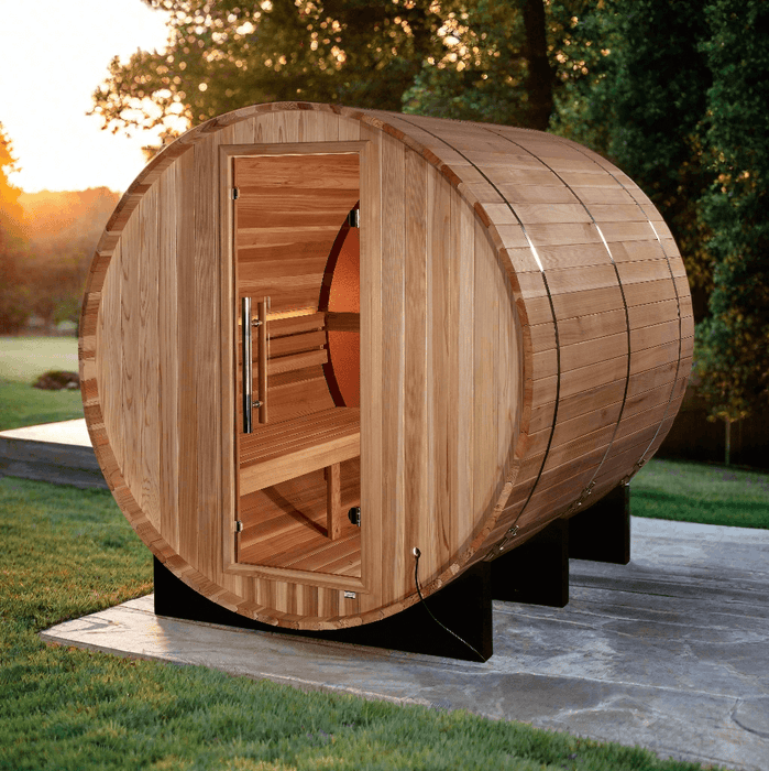 Golden Designs Zurich 4-Person Outdoor Barrel Sauna w/ Panoramic Rear Window & Harvia Traditional Electric Heater Kit | GDI-B024-01