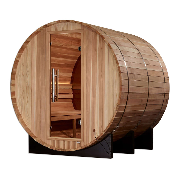 Golden Designs Zurich 4-Person Outdoor Barrel Sauna w/ Panoramic Rear Window & Harvia Traditional Electric Heater Kit | GDI-B024-01
