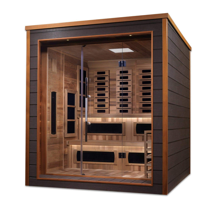 Golden Designs Karlstad 6-Person Hybrid Outdoor Sauna w/ Full Spectrum Infrared & Harvia Traditional Electric Heater + Red Light Therapy Kit | GDI-8226-01