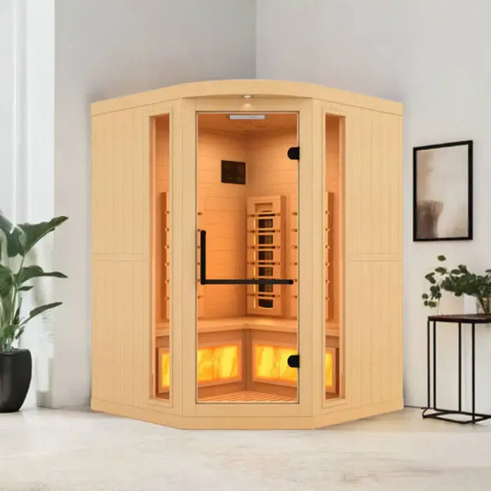 Golden Designs 3-Person Corner Full Spectrum Near Zero EMF Indoor Infrared Sauna + Red Light Therapy & Himalayan Salt Bar | GDI-8035-03