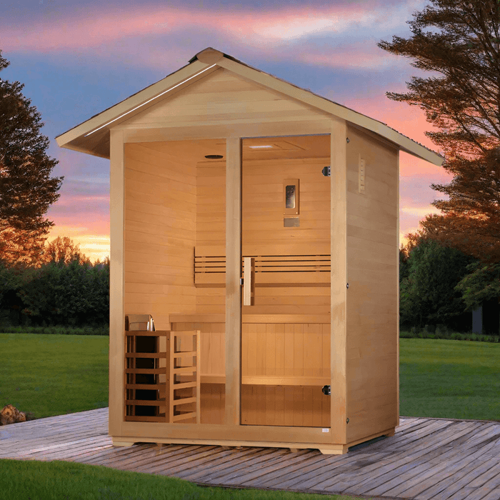 Golden Designs Arlberg 3-Person Outdoor Sauna & Harvia Traditional Electric Heater Kit + Red Light Therapy | GDI-8103-01