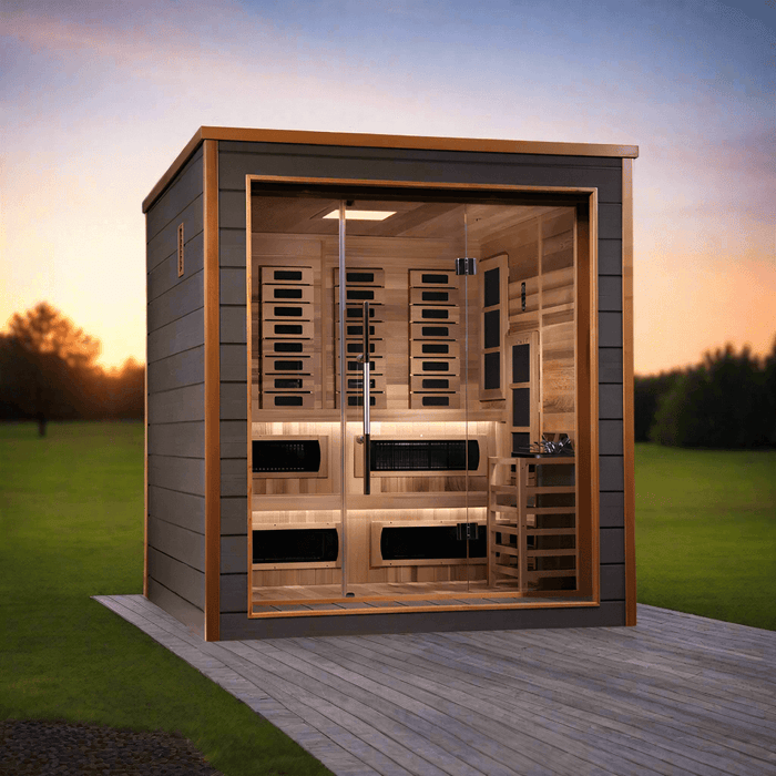 Golden Designs Karlstad 6-Person Hybrid Outdoor Sauna w/ Full Spectrum Infrared & Harvia Traditional Electric Heater + Red Light Therapy Kit | GDI-8226-01