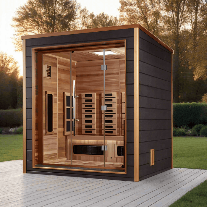 Golden Designs Visby 3-Person Hybrid Outdoor Sauna w/ Full Spectrum Infrared & Harvia Traditional Electric Heater + Red Light Therapy Kit | GDI-8223-01