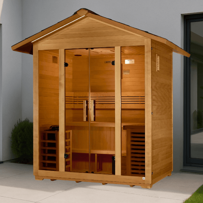 Golden Designs Vorarlberg 5-Person Outdoor Sauna & Harvia Traditional Electric Heater Kit + Red Light Therapy | GDI-8105-01