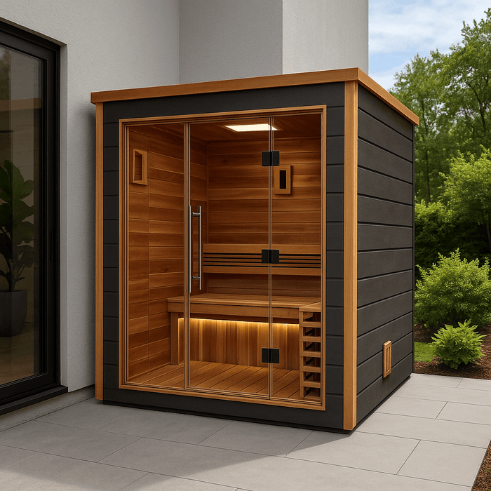Golden Designs Drammen 3-Person Cedar Outdoor Sauna & Harvia Traditional Electric Heater Kit + Red Light Therapy | GDI-8203-01