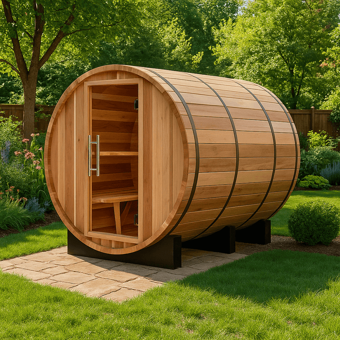 Golden Designs Klosters 6-Person Outdoor Barrel Sauna & Harvia Traditional Electric Heater Kit | GDI-B006-01