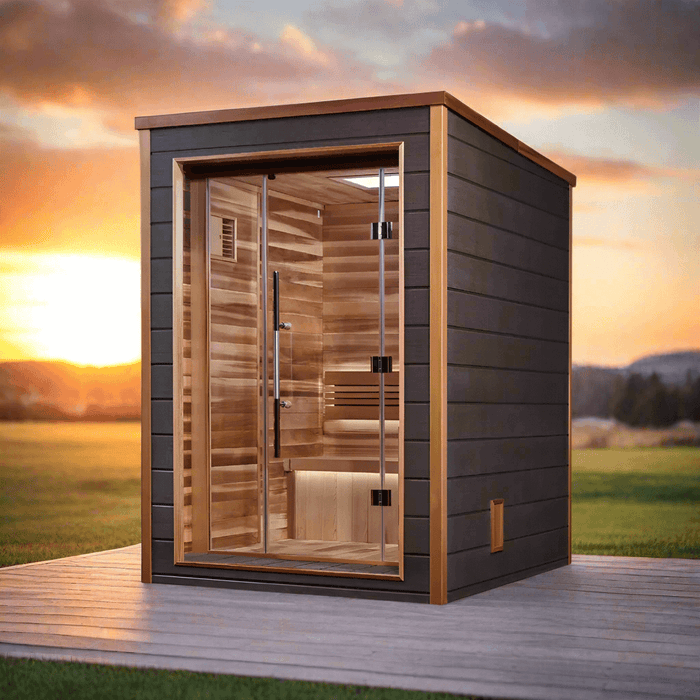 Golden Designs Narvik 2-Person Cedar Outdoor Sauna & Harvia Traditional Electric Heater Kit + Red Light Therapy | GDI-8202-01