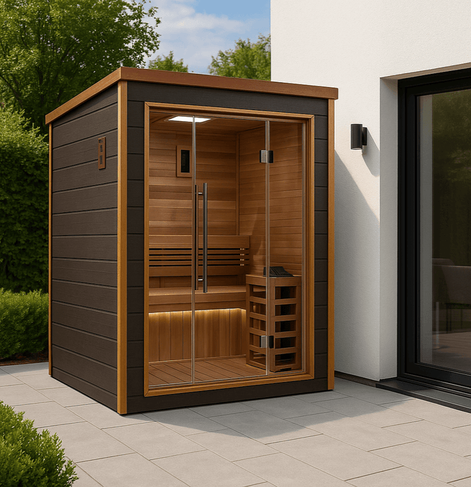 Golden Designs Narvik 2-Person Cedar Outdoor Sauna & Harvia Traditional Electric Heater Kit + Red Light Therapy | GDI-8202-01