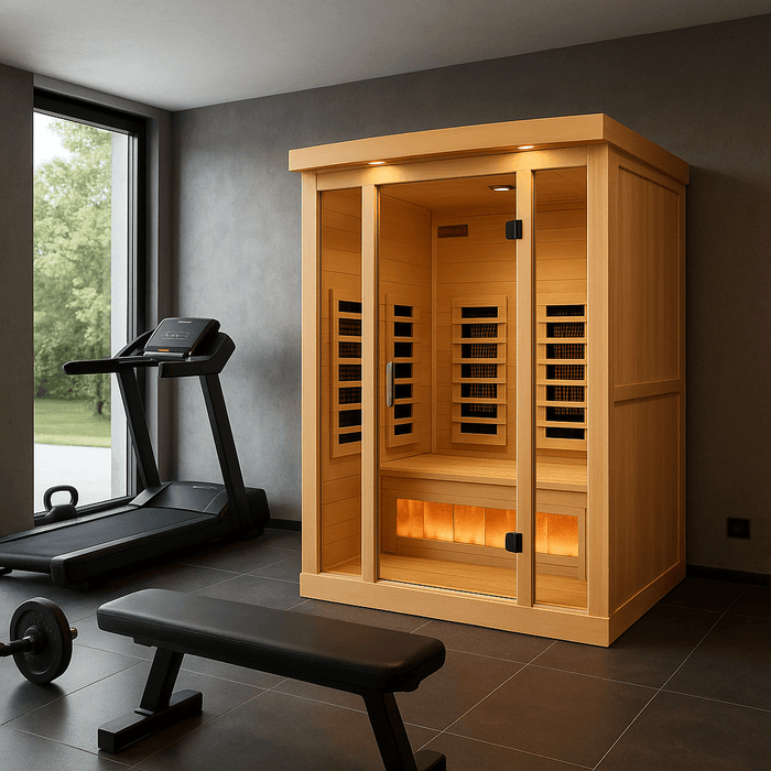 Golden Designs 2-Person Full Spectrum Near Zero EMF Indoor Infrared Sauna + Red Light Therapy & Himalayan Salt Bar | GDI-8020-03