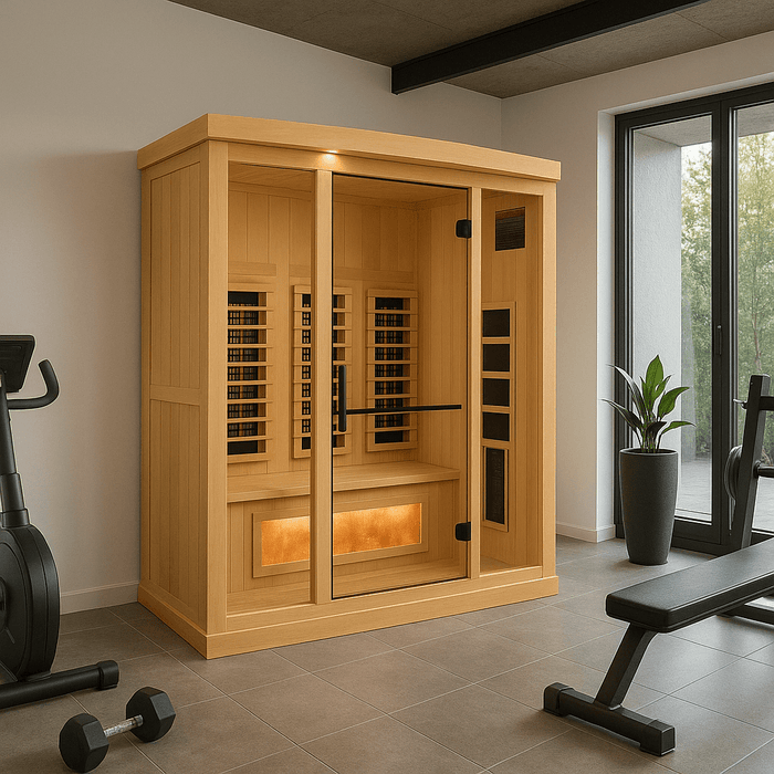 Golden Designs 3-Person Full Spectrum Near Zero EMF Indoor Infrared Sauna + Red Light Therapy & Himalayan Salt Bar | GDI-8030-03
