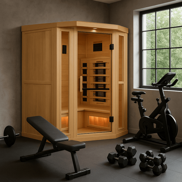 Golden Designs 3-Person Corner Full Spectrum Near Zero EMF Indoor Infrared Sauna + Red Light Therapy & Himalayan Salt Bar | GDI-8035-03
