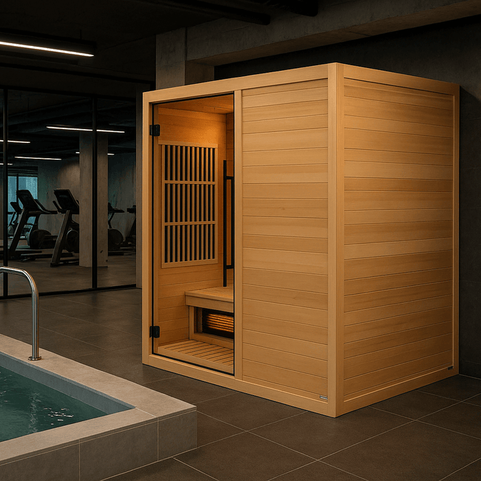 Golden Designs Soria 3-Person Hybrid Indoor Sauna w/ Full Spectrum Infrared & Harvia Traditional Electric Heater + Red Light Therapy Kit | GDI-8330-01