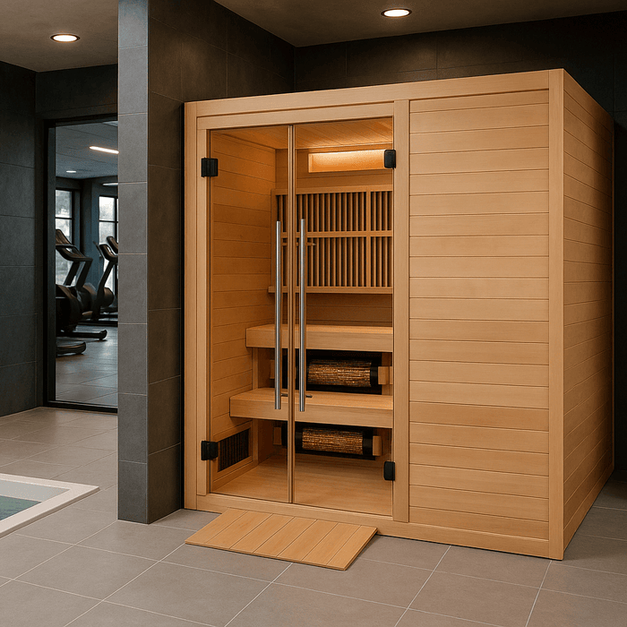 Golden Designs Toledo 6-Person Hybrid Indoor Sauna w/ Full Spectrum Infrared & Harvia Traditional Electric Heater + Red Light Therapy Kit | GDI-8360-01