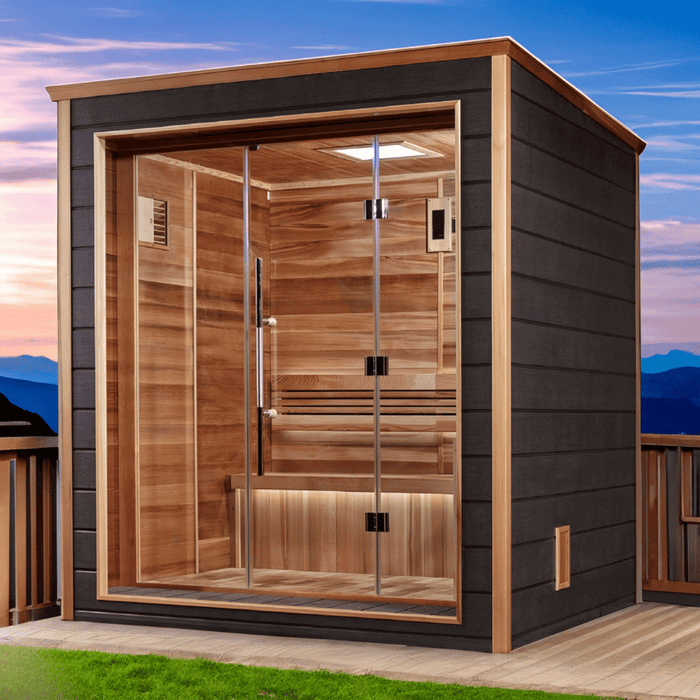 Golden Designs Drammen 3-Person Cedar Outdoor Sauna & Harvia Traditional Electric Heater Kit + Red Light Therapy | GDI-8203-01