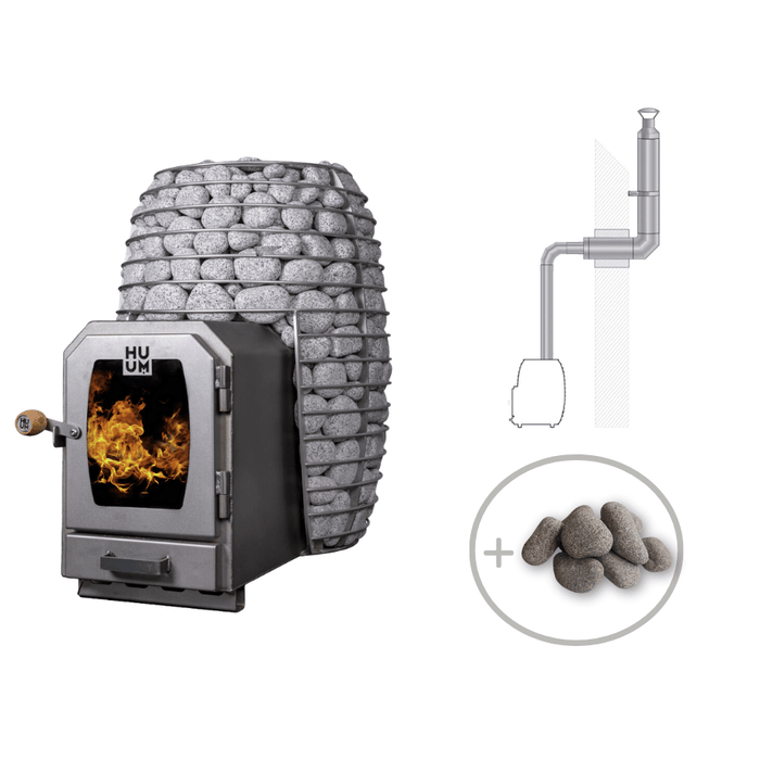 HUUM HIVE WOOD LS 17kW Wood Burning Sauna Stove Package w/ Thru-Wall Chimney and Stones