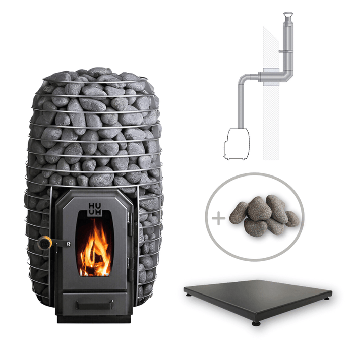 HUUM HIVE WOOD 13kW Wood Burning Sauna Stove Package w/ Thru-Wall Chimney and Stones and Floor Protection