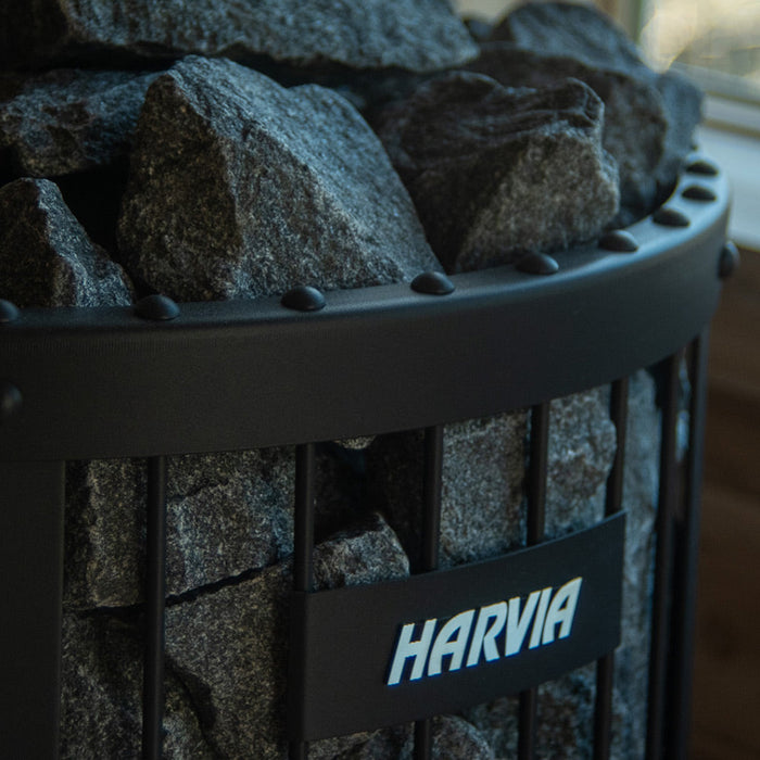 Harvia Legend 240 GreenFlame 15.9kW Wood Burning Stove Package w/ Chimney Kit, Rock Cage, Protective Bedding, Sheath, Stones