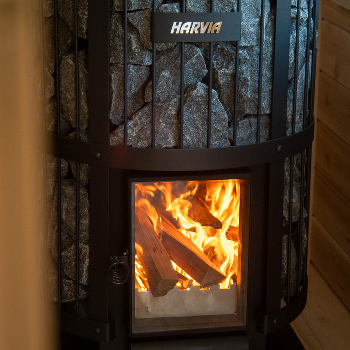 Harvia Legend 240 GreenFlame 15.9kW Wood Burning Stove Package w/ Chimney Kit, Rock Cage, Protective Bedding, Sheath, Stones