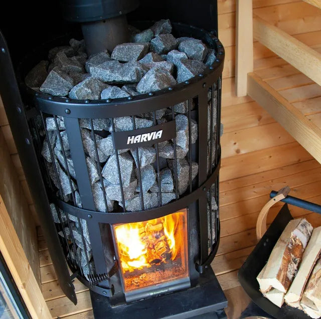 Harvia Legend 240 GreenFlame 15.9kW Wood Burning Stove Package w/ Chimney Kit, Rock Cage, Protective Bedding, Sheath, Stones