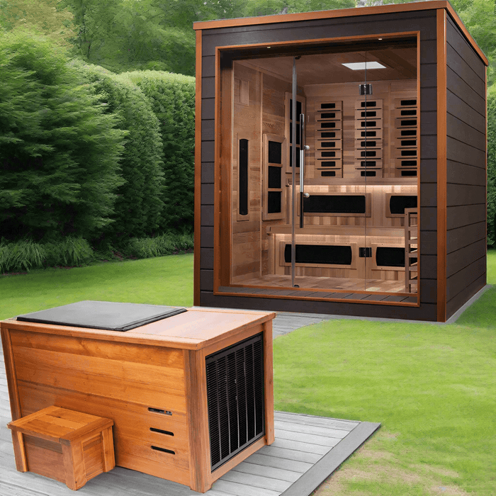 Golden Designs Karlstad 6-Person Hybrid Outdoor Sauna w/ Full Spectrum Infrared & Harvia Traditional Electric Heater + Red Light Therapy Kit | GDI-8226-01