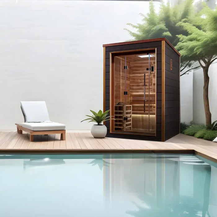 Golden Designs Narvik 2-Person Cedar Outdoor Sauna & Harvia Traditional Electric Heater Kit + Red Light Therapy | GDI-8202-01